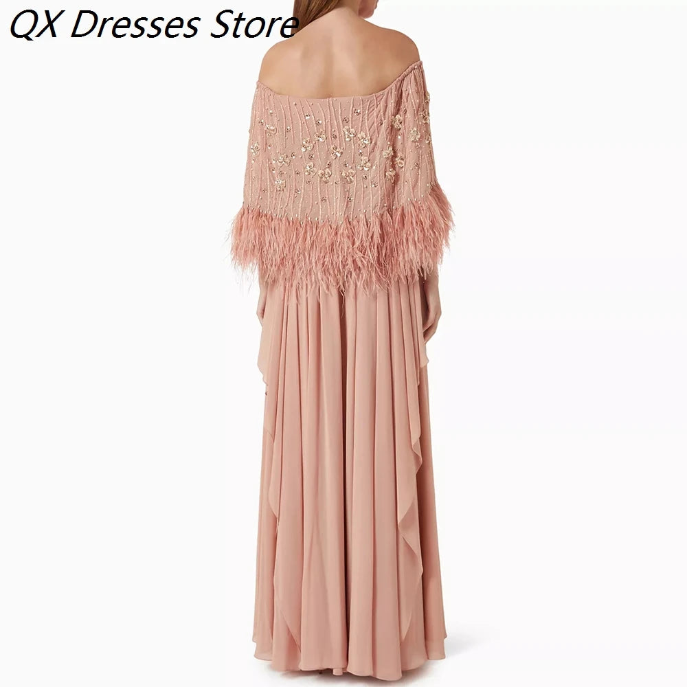Feather Off-Shoulder Prom Gown