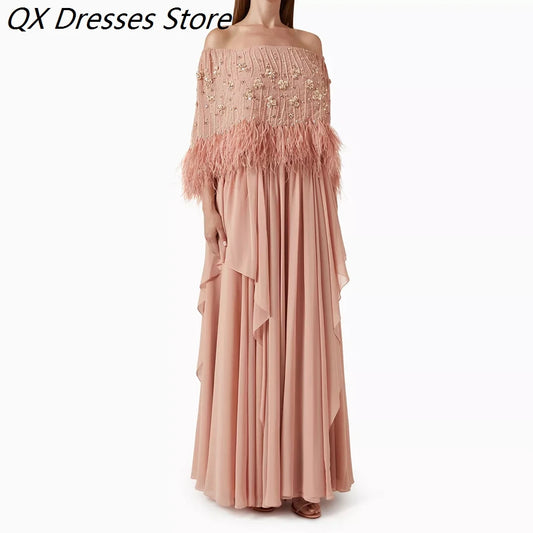 Feather Off-Shoulder Prom Gown
