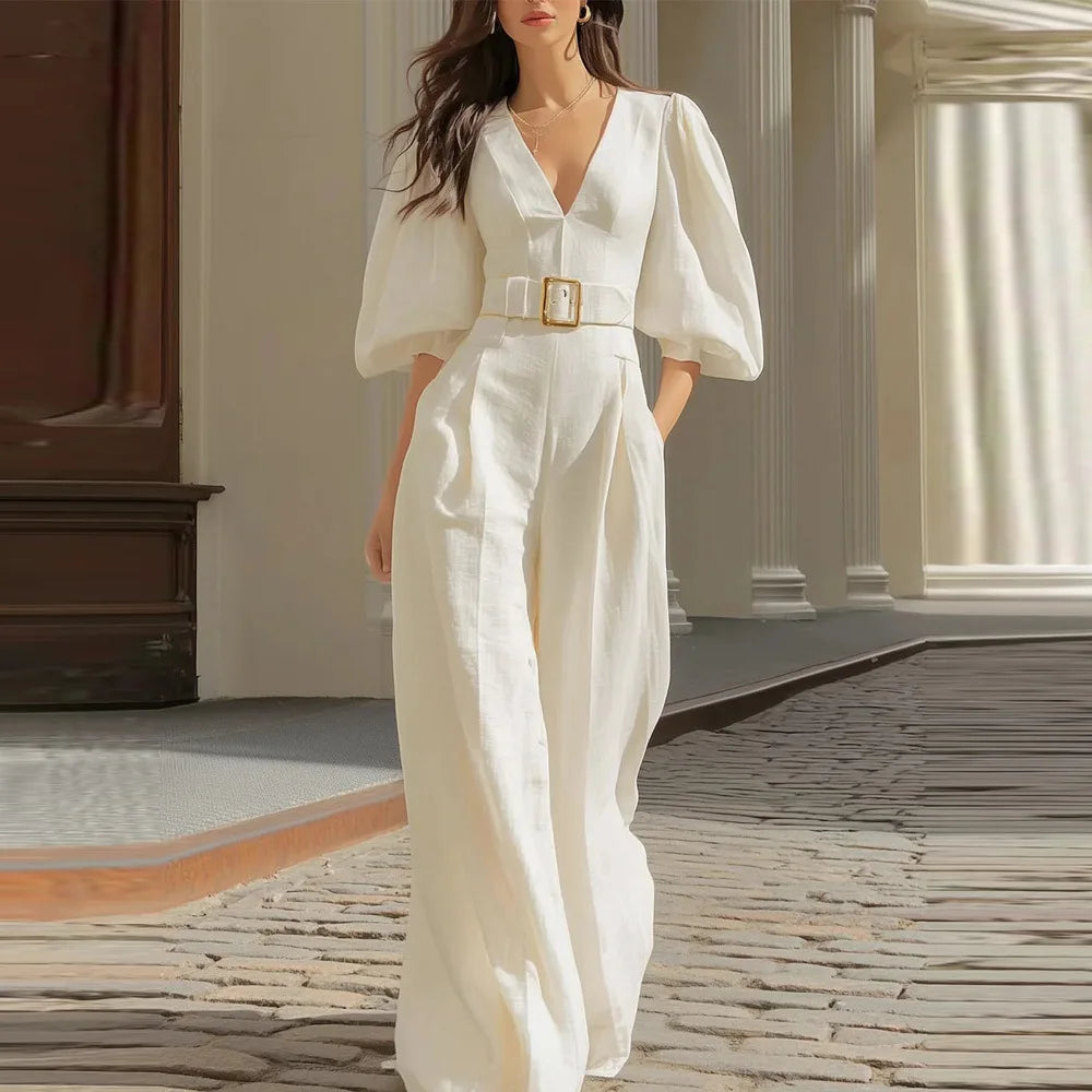 Puff Sleeve Belted Wide Leg Jumpsuit