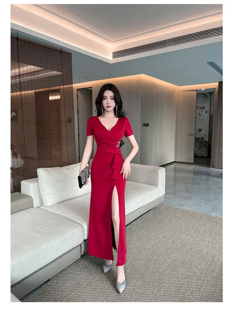 Asymmetric V-Neck Ankle Dress