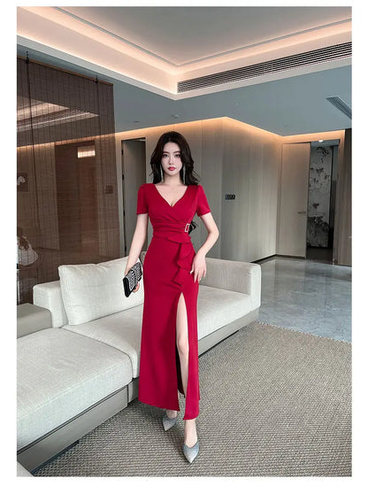 Asymmetric V-Neck Ankle Dress