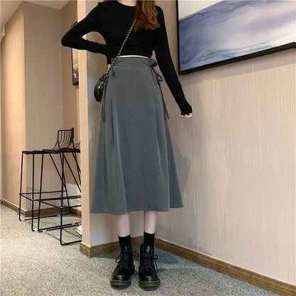 Korean Pleated Lace-Up Midi Skirt
