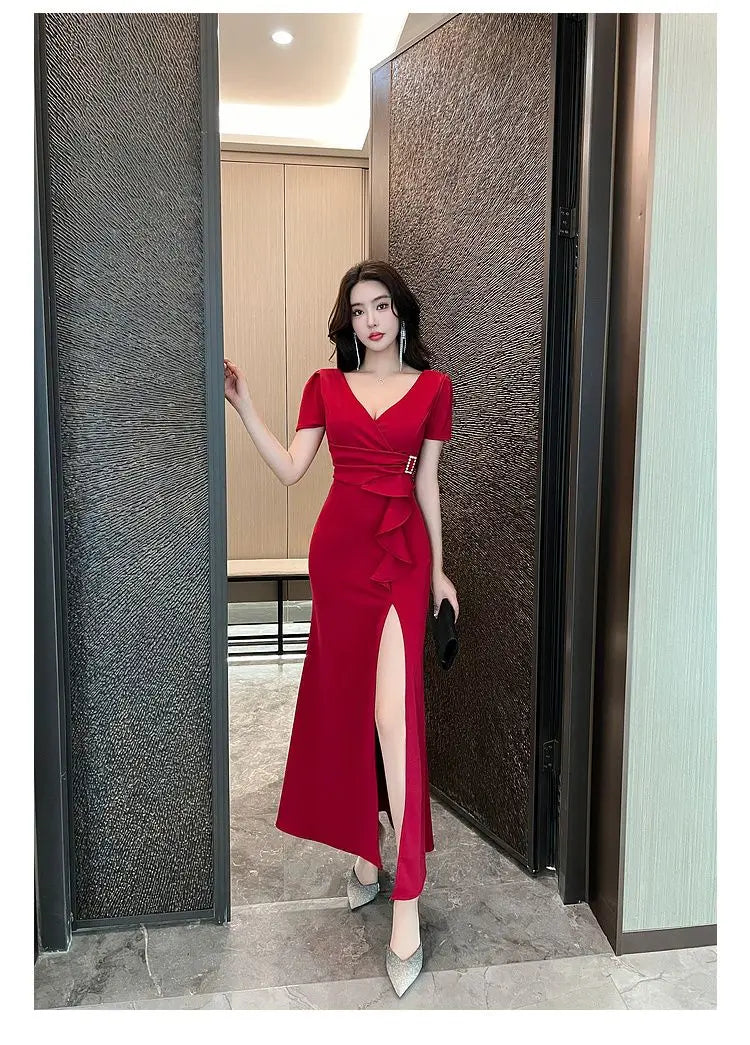 Asymmetric V-Neck Ankle Dress