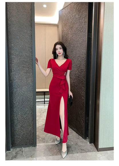 Asymmetric V-Neck Ankle Dress