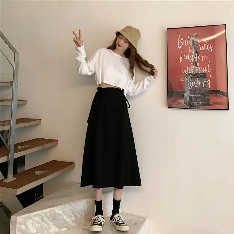 Korean Pleated Lace-Up Midi Skirt
