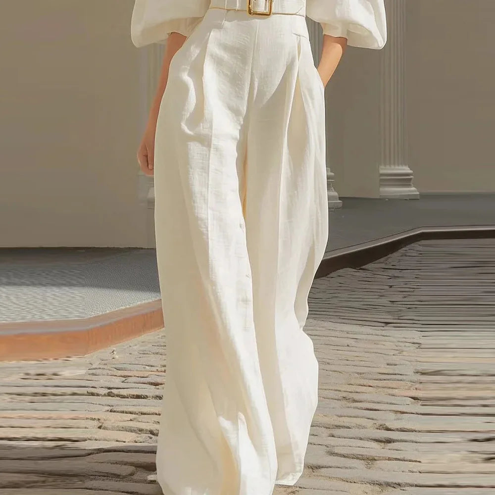 Puff Sleeve Belted Wide Leg Jumpsuit