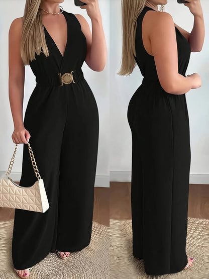 Deep V Sleeveless Wide Leg Jumpsuit
