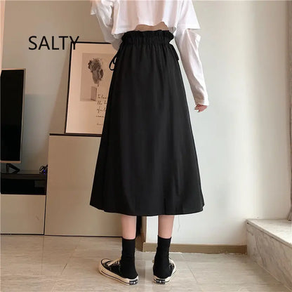 Korean Pleated Lace-Up Midi Skirt