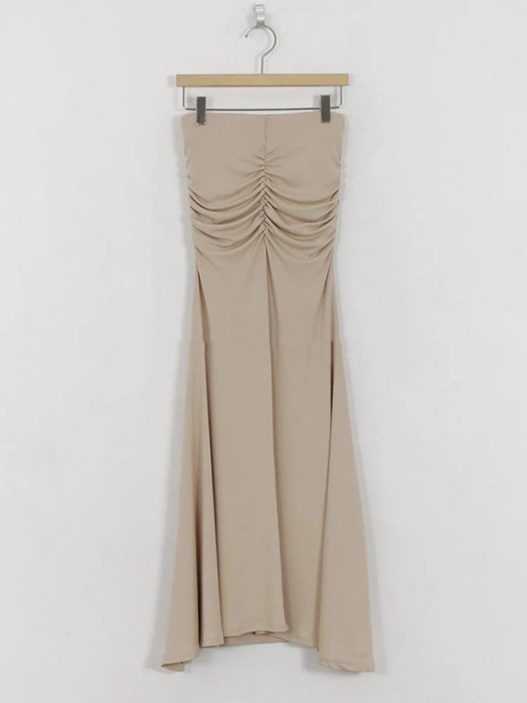 Pink Shirred Satin Midi Skirt