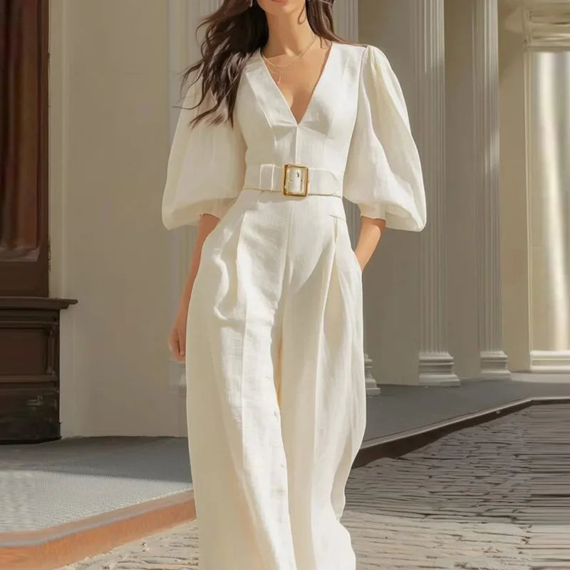 Puff Sleeve Belted Wide Leg Jumpsuit