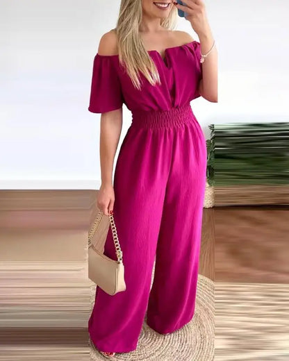 Off Shoulder Shirred Waist Jumpsuit
