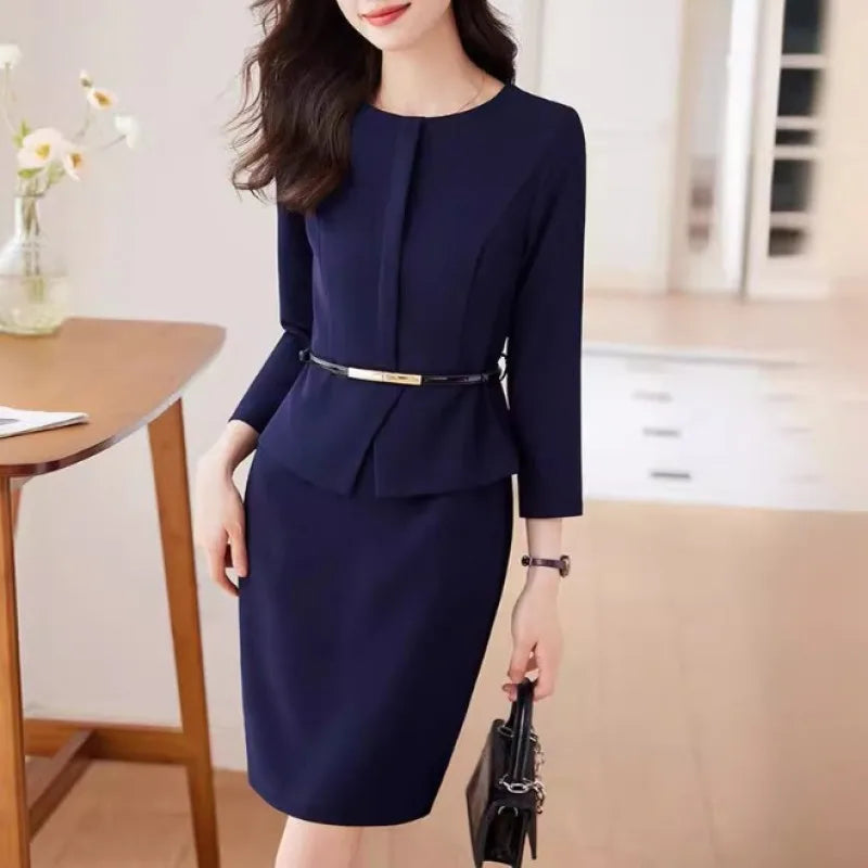 Belted Office Dress with Batwing Sleeves