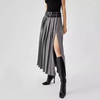 Grey Pleated Slit Ankle Skirt