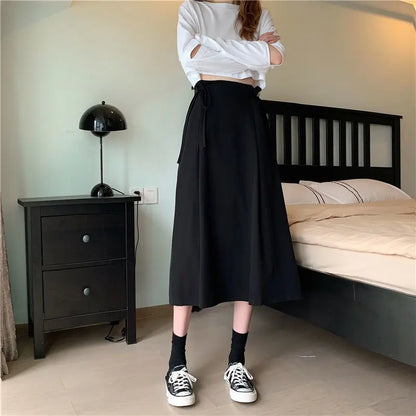 Korean Pleated Lace-Up Midi Skirt