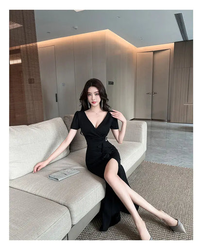 Asymmetric V-Neck Ankle Dress