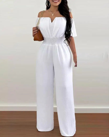 Off Shoulder Shirred Waist Jumpsuit