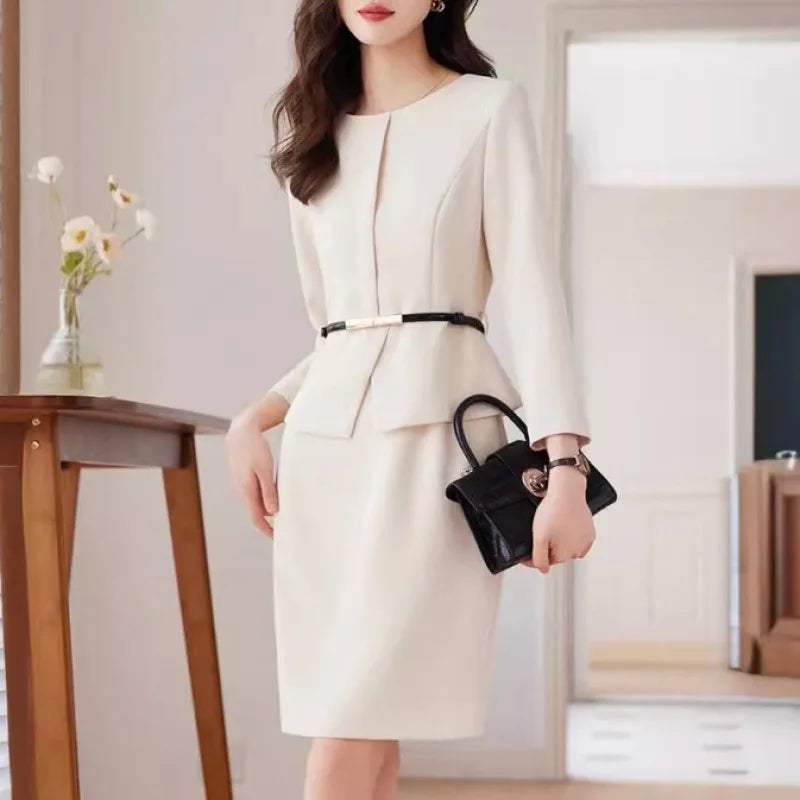 Belted Office Dress with Batwing Sleeves