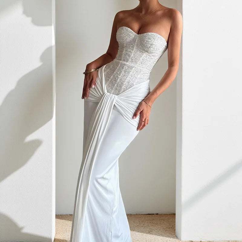 Backless Sequin Ribbon Maxi Dress