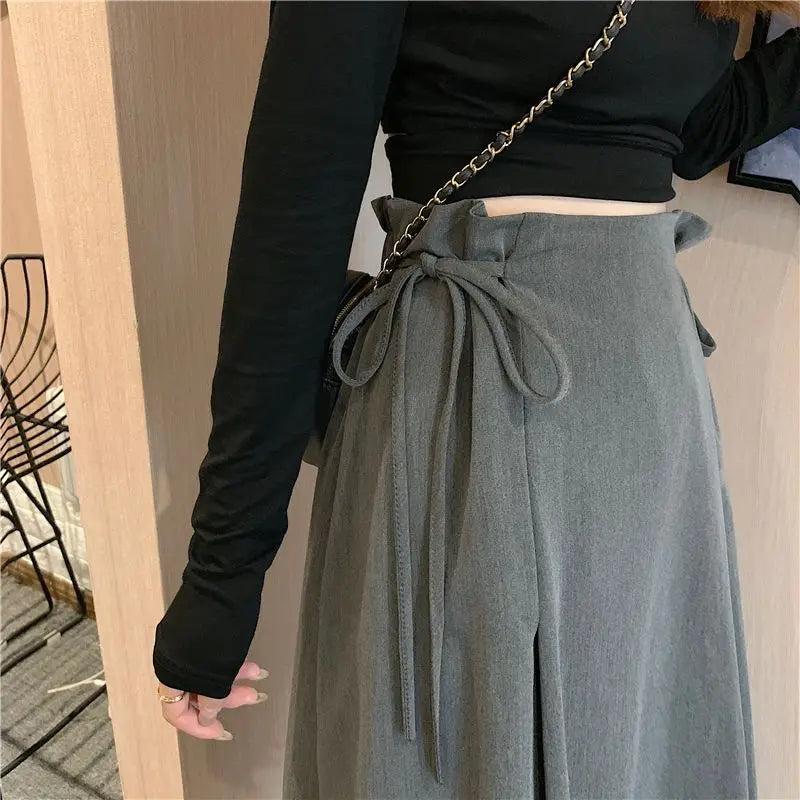 Korean Pleated Lace-Up Midi Skirt
