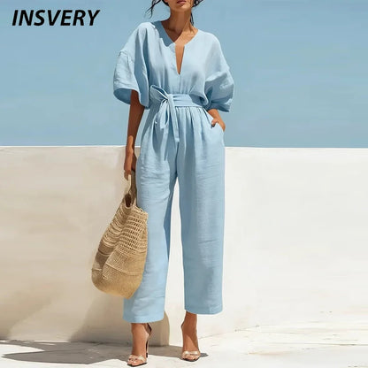 Lace-Up High Waist Half Sleeve Jumpsuit