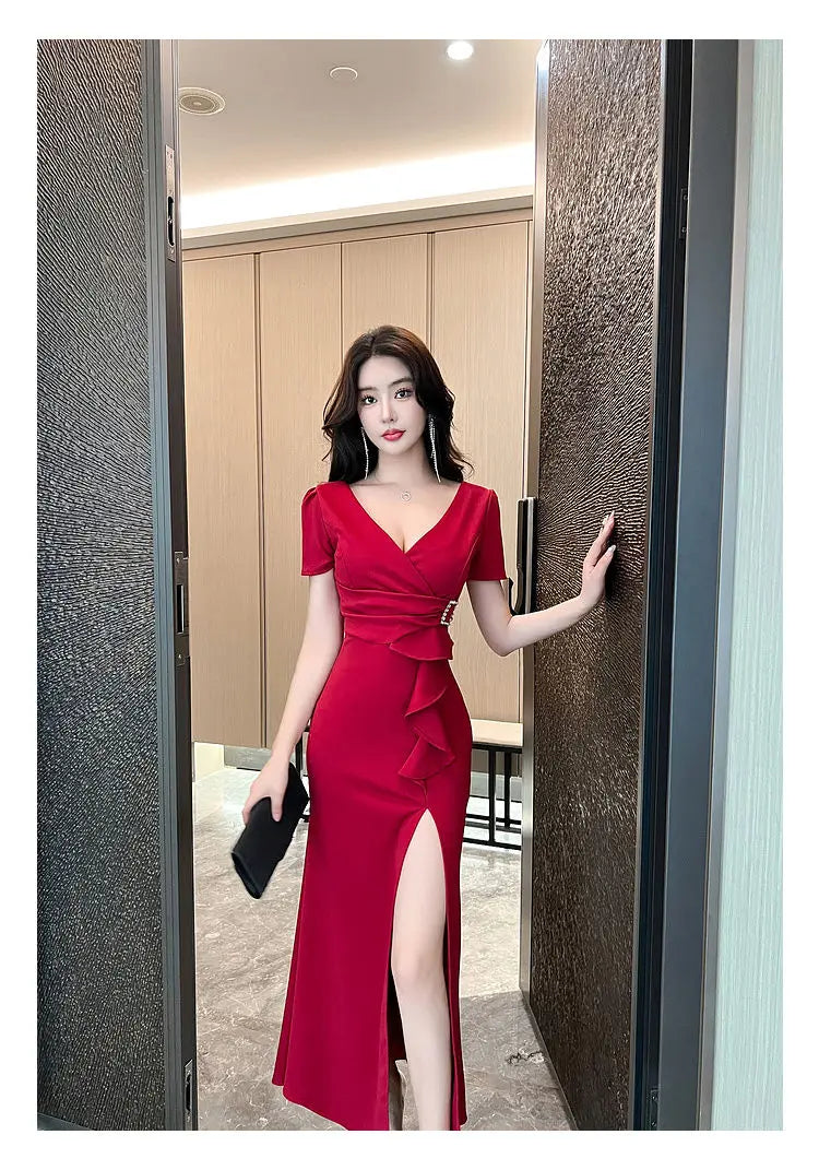 Asymmetric V-Neck Ankle Dress