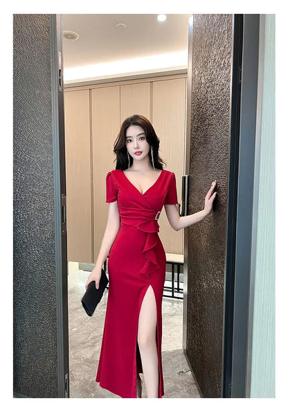 Asymmetric V-Neck Ankle Dress