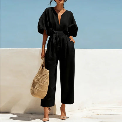 Lace-Up High Waist Half Sleeve Jumpsuit
