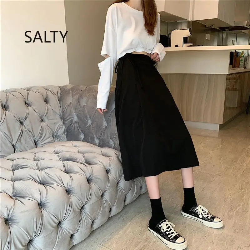 Korean Pleated Lace-Up Midi Skirt