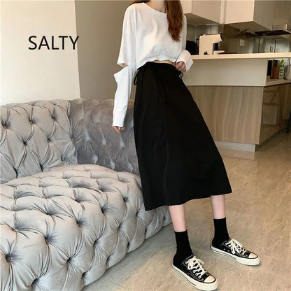 Korean Pleated Lace-Up Midi Skirt