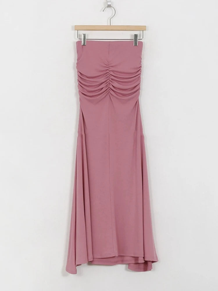 Pink Shirred Satin Midi Skirt