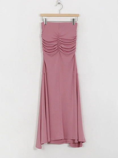 Pink Shirred Satin Midi Skirt