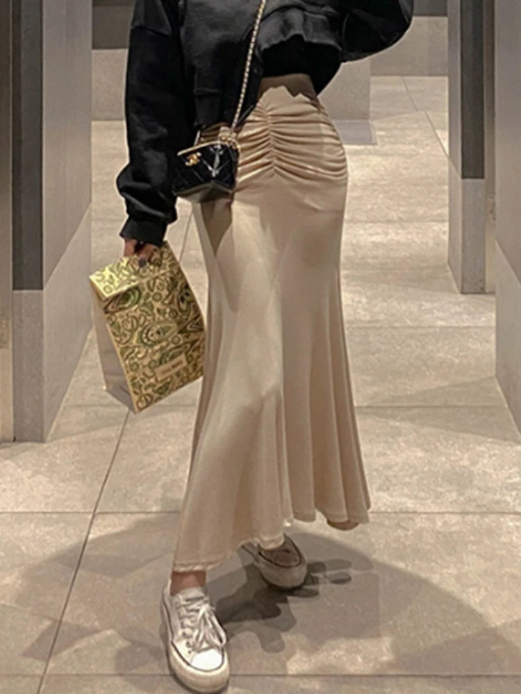 Pink Shirred Satin Midi Skirt