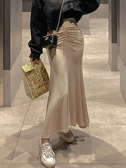 Pink Shirred Satin Midi Skirt