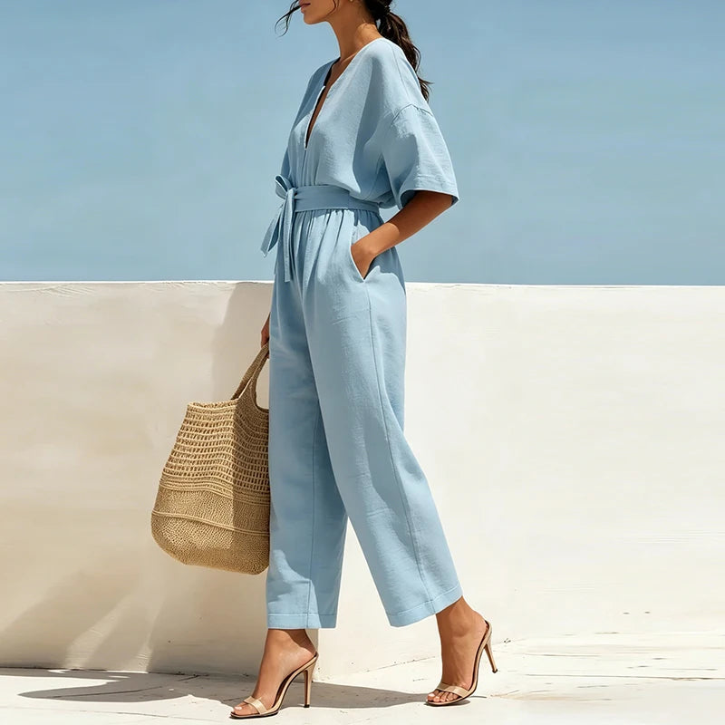 Lace-Up High Waist Half Sleeve Jumpsuit
