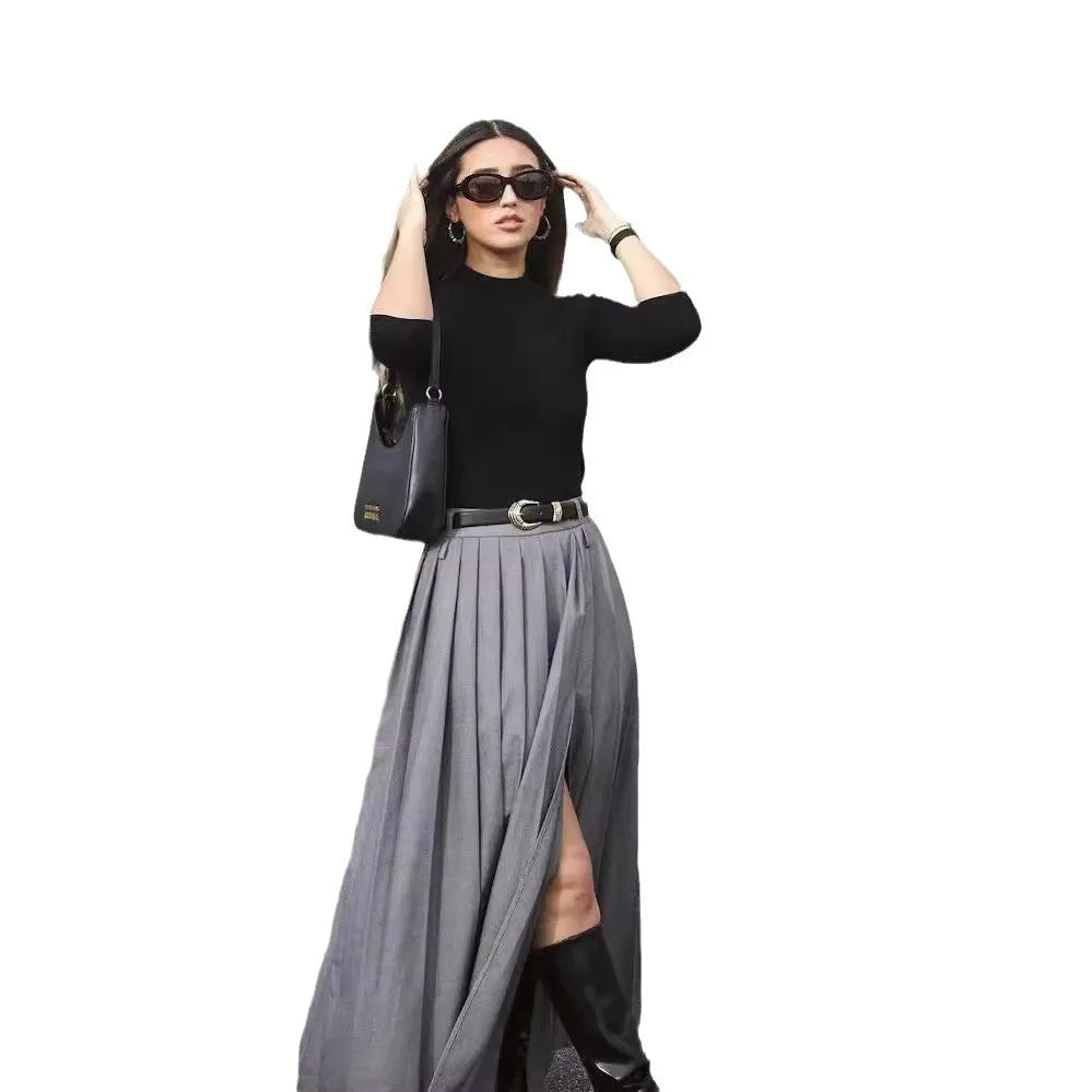 Grey Pleated Slit Ankle Skirt