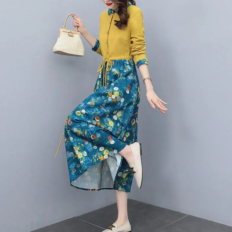 Printed Collared Shirt Maxi Dress