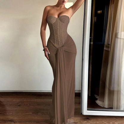 Backless Sequin Ribbon Maxi Dress