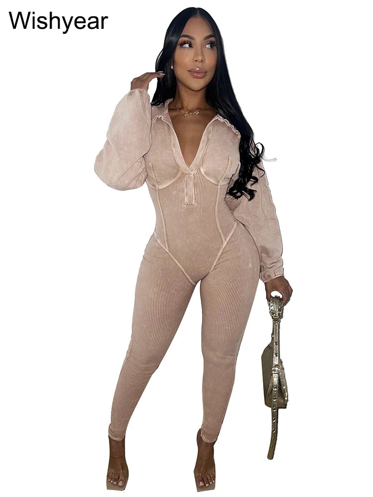 Pink Lapel Long Sleeve Jumpsuit