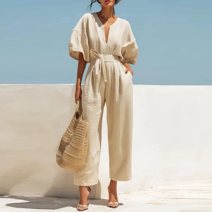 Lace-Up High Waist Half Sleeve Jumpsuit
