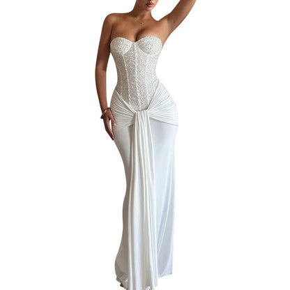 Backless Sequin Ribbon Maxi Dress