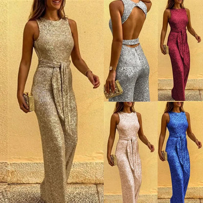 Sequin Backless Lace-Up Jumpsuit