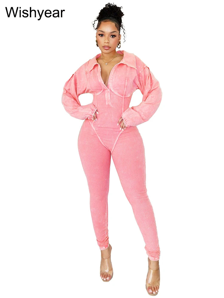 Pink Lapel Long Sleeve Jumpsuit
