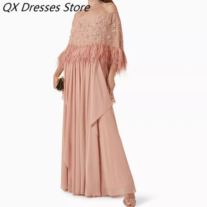 Feather Off-Shoulder Prom Gown