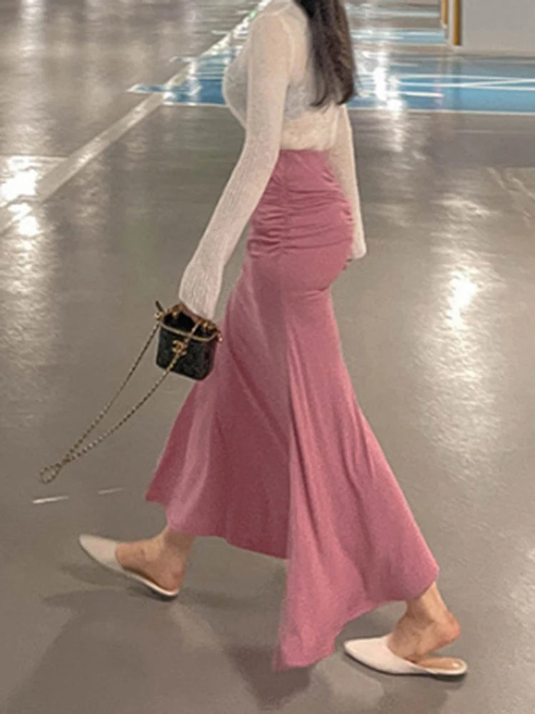 Pink Shirred Satin Midi Skirt