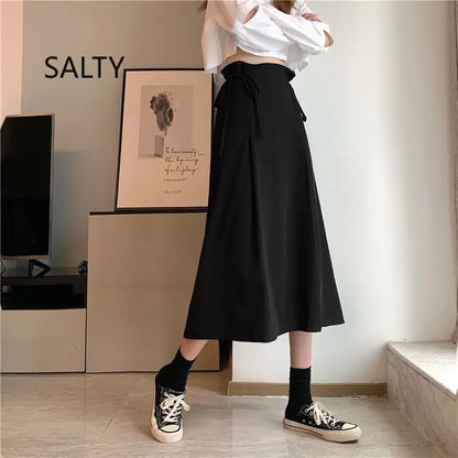 Korean Pleated Lace-Up Midi Skirt