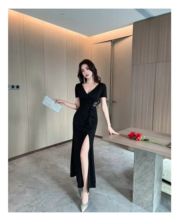 Asymmetric V-Neck Ankle Dress
