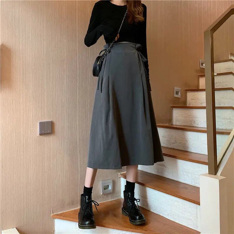 Korean Pleated Lace-Up Midi Skirt