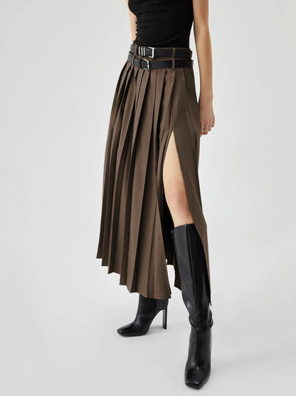 Grey Pleated Slit Ankle Skirt