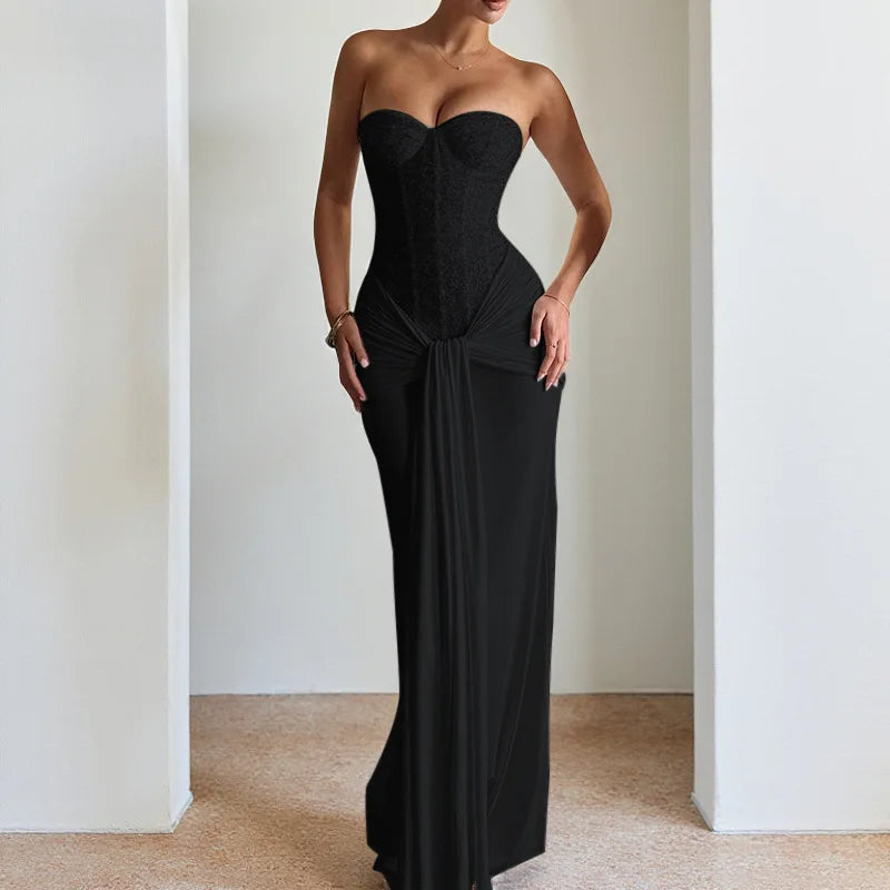 Backless Sequin Ribbon Maxi Dress
