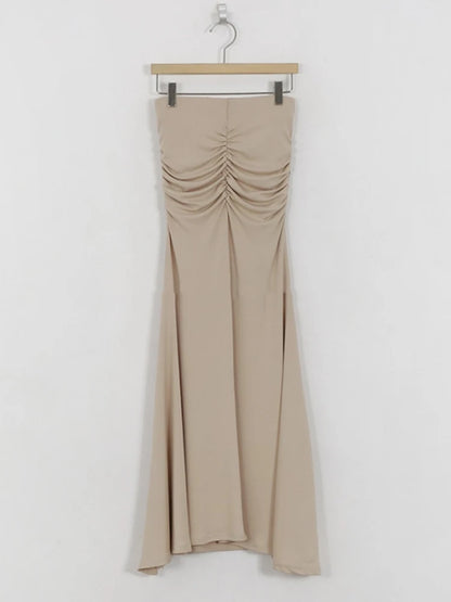 Pink Shirred Satin Midi Skirt